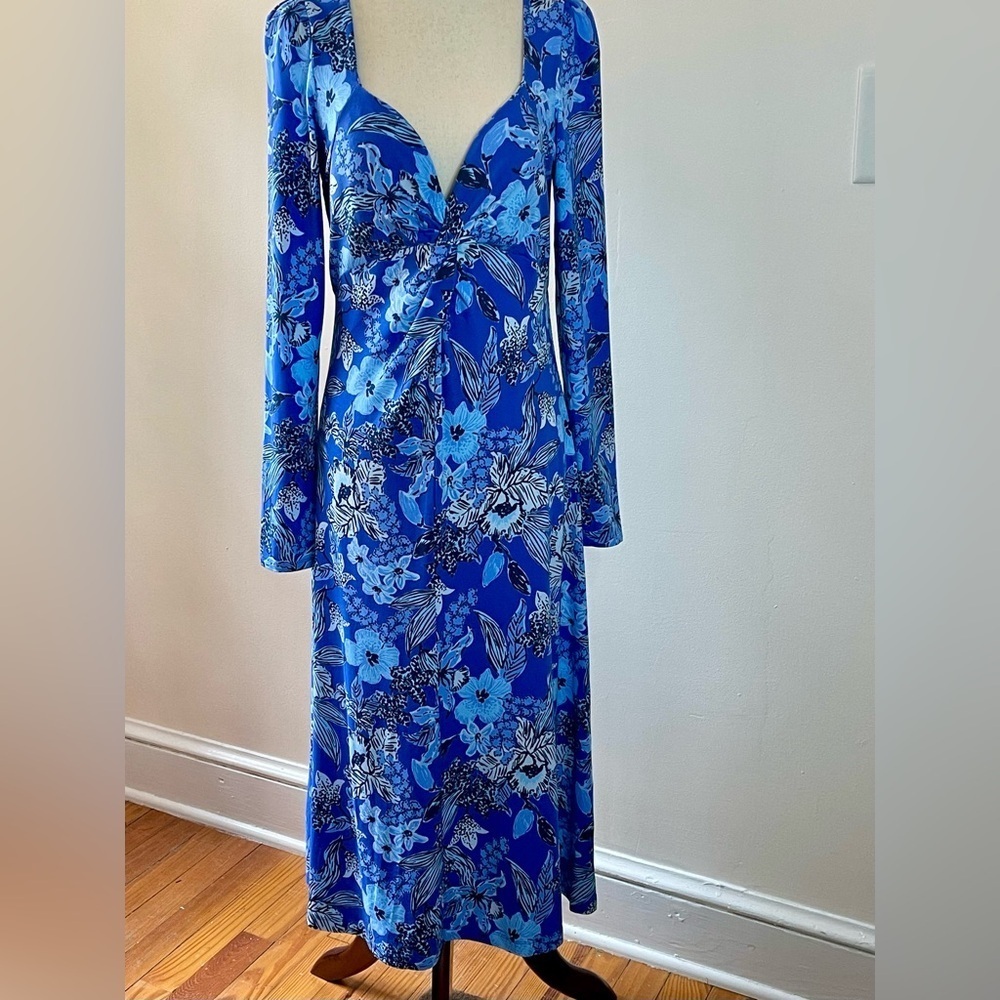 Lilly Pulitzer Claudia Alba Blue Floral Long Sleeve Midi Dress Size 8 Scoop Neck